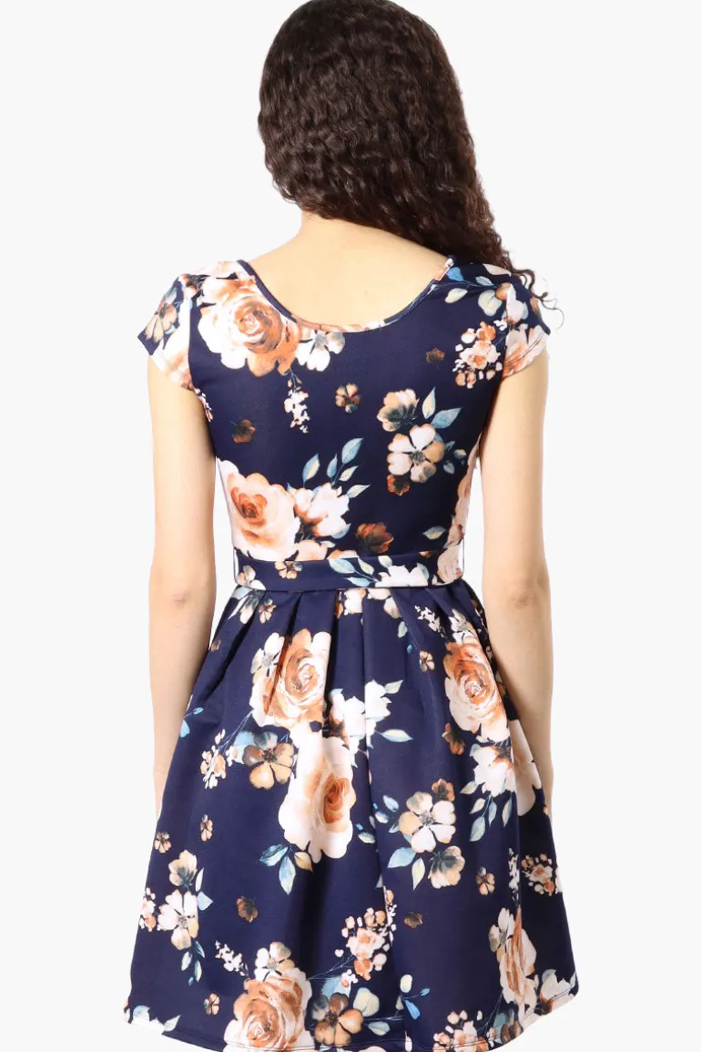 Costa Blanca Floral Belted Cap Sleeve Day Dress - Navy