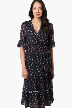 Costa Blanca Floral Crossover Tiered Midi Dress - Black