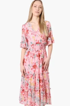 Costa Blanca Floral Crossover Tiered Midi Dress - Pink