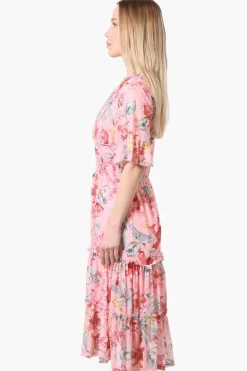 Costa Blanca Floral Crossover Tiered Midi Dress - Pink