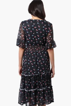 Costa Blanca Floral Crossover Tiered Midi Dress - Black