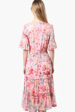 Costa Blanca Floral Crossover Tiered Midi Dress - Pink