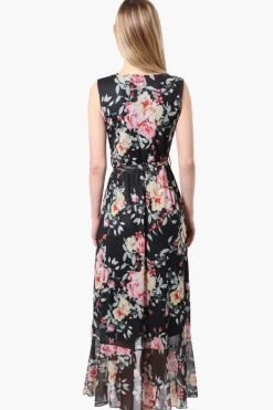 Costa Blanca Floral Crossover Belted Maxi Dress - Black