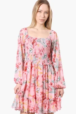 Costa Blanca Floral Square Neck Smocked Day Dress - Pink