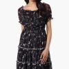 Costa Blanca Floral Tiered Smocked Waist Midi Dress - Black