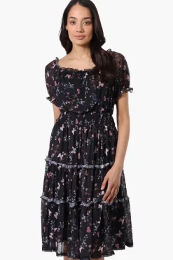 Costa Blanca Floral Tiered Smocked Waist Midi Dress - Black