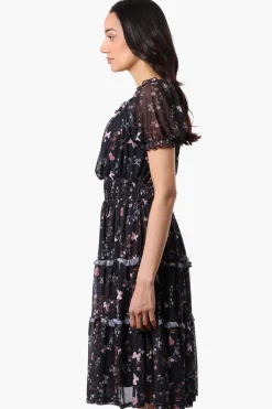 Costa Blanca Floral Tiered Smocked Waist Midi Dress - Black