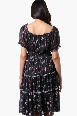 Costa Blanca Floral Tiered Smocked Waist Midi Dress - Black