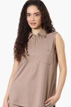 Costa Blanca Half Zip Sleeveless Blouse - Beige