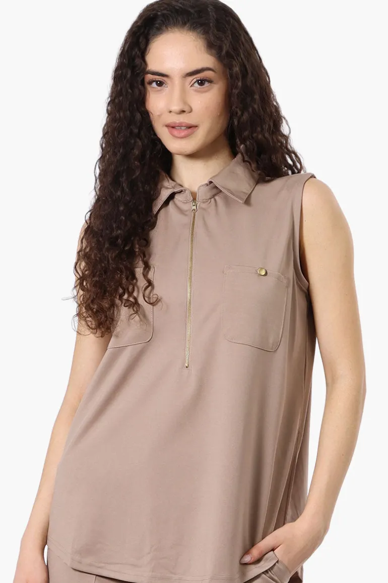 Costa Blanca Half Zip Sleeveless Blouse - Beige