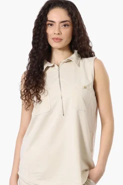 Costa Blanca Half Zip Sleeveless Blouse - Cream