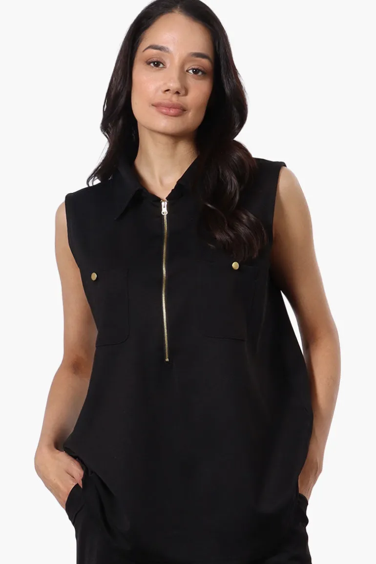 Costa Blanca Half Zip Sleeveless Blouse - Black