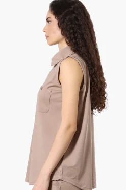 Costa Blanca Half Zip Sleeveless Blouse - Beige