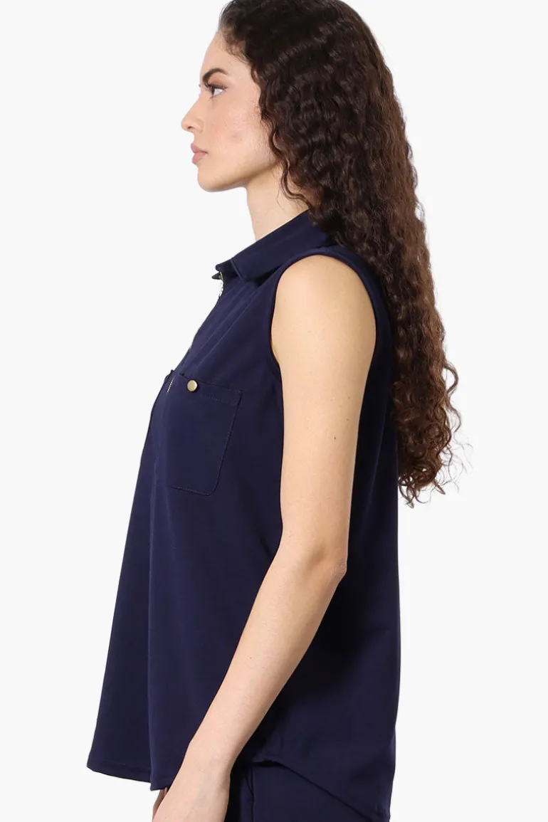 Costa Blanca Half Zip Sleeveless Blouse - Navy
