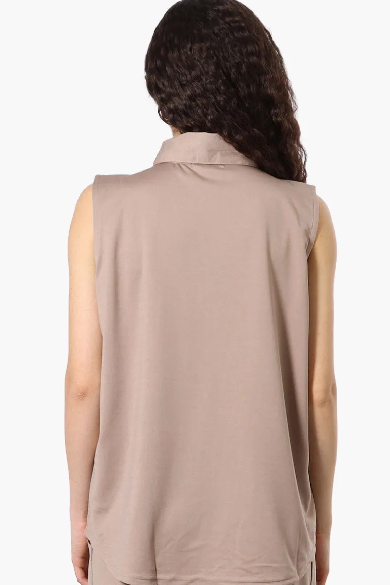 Costa Blanca Half Zip Sleeveless Blouse - Beige