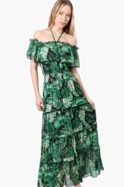 Costa Blanca Leaf Pattern Halter Strap Tiered Maxi Dress - Green