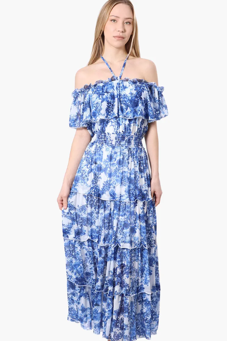 Costa Blanca Leaf Pattern Halter Strap Tiered Maxi Dress - Blue