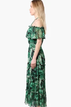 Costa Blanca Leaf Pattern Halter Strap Tiered Maxi Dress - Green