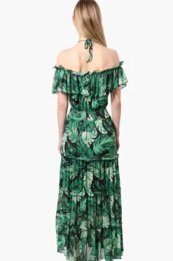 Costa Blanca Leaf Pattern Halter Strap Tiered Maxi Dress - Green