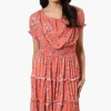 Costa Blanca Leaf Print Tiered Smocked Waist Midi Dress - Coral