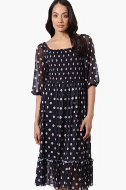 Costa Blanca Polka Dot Tiered Sheer Sleeve Midi Dress - Navy