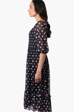 Costa Blanca Polka Dot Tiered Sheer Sleeve Midi Dress - Navy