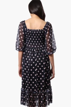 Costa Blanca Polka Dot Tiered Sheer Sleeve Midi Dress - Navy