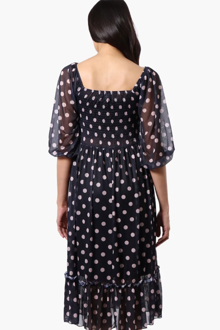 Costa Blanca Polka Dot Tiered Sheer Sleeve Midi Dress - Navy