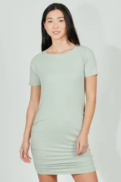 Costa Blanca Ribbed Short Sleeve Ruched Side Day Dress - Mint