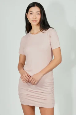 Costa Blanca Ribbed Short Sleeve Ruched Side Day Dress - Blush
