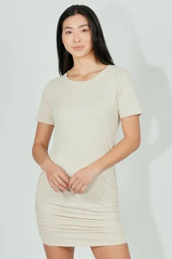 Costa Blanca Ribbed Short Sleeve Ruched Side Day Dress - Cream