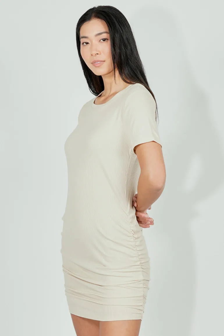 Costa Blanca Ribbed Short Sleeve Ruched Side Day Dress - Cream