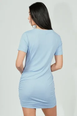 Costa Blanca Ribbed Short Sleeve Ruched Side Day Dress - Blue
