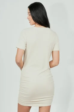 Costa Blanca Ribbed Short Sleeve Ruched Side Day Dress - Cream