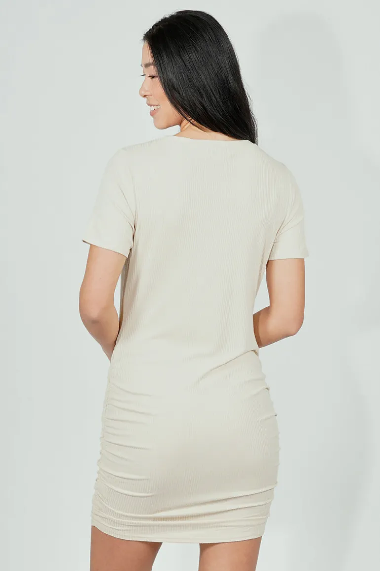 Costa Blanca Ribbed Short Sleeve Ruched Side Day Dress - Cream
