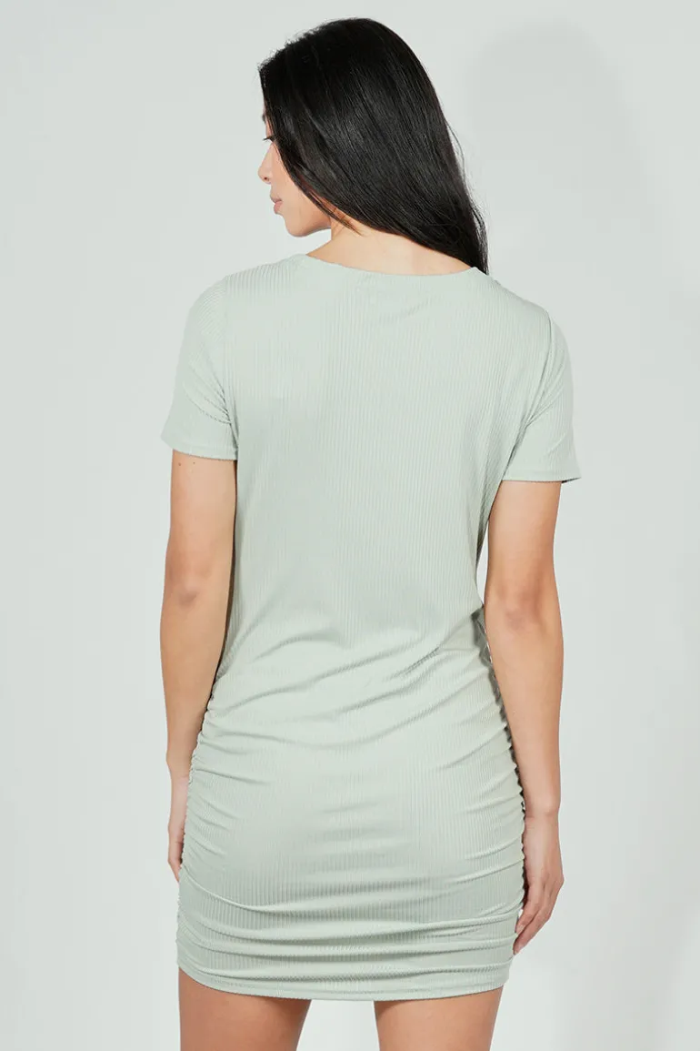 Costa Blanca Ribbed Short Sleeve Ruched Side Day Dress - Mint