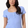 Costa Blanca Ribbed Square Neck Henley Tee - Blue