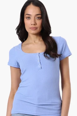 Costa Blanca Ribbed Square Neck Henley Tee - Blue