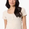 Costa Blanca Ribbed Square Neck Henley Tee - Beige