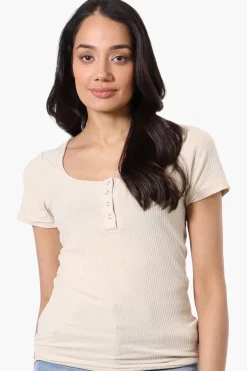 Costa Blanca Ribbed Square Neck Henley Tee - Beige