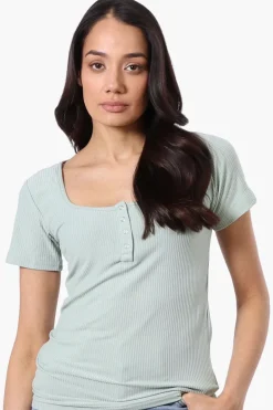 Costa Blanca Ribbed Square Neck Henley Tee - Mint