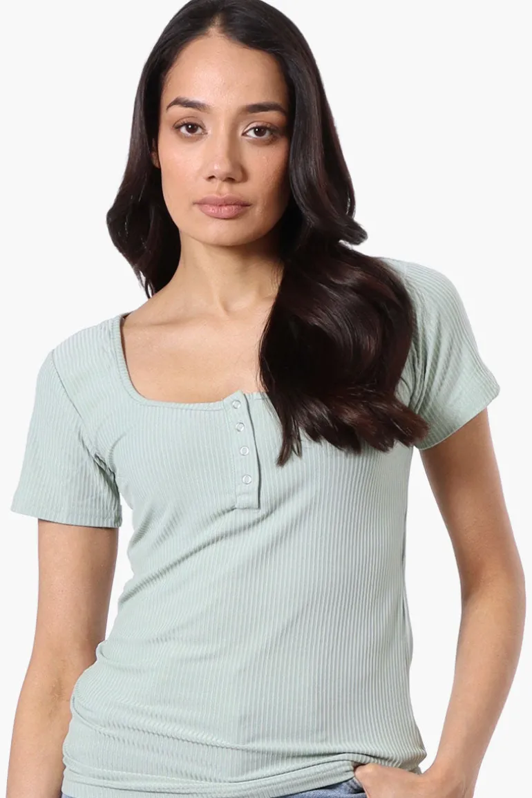 Costa Blanca Ribbed Square Neck Henley Tee - Mint