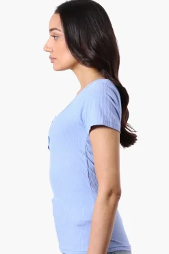 Costa Blanca Ribbed Square Neck Henley Tee - Blue