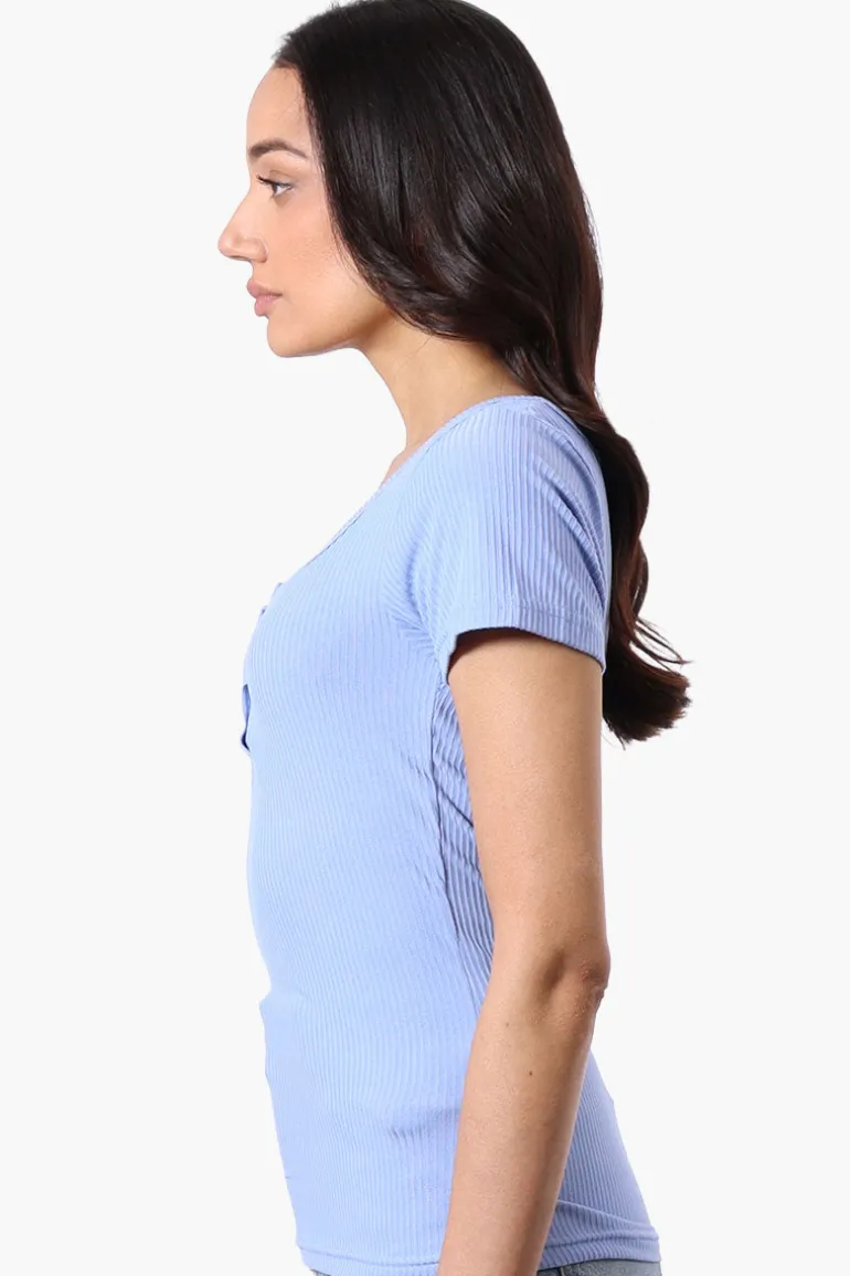Costa Blanca Ribbed Square Neck Henley Tee - Blue