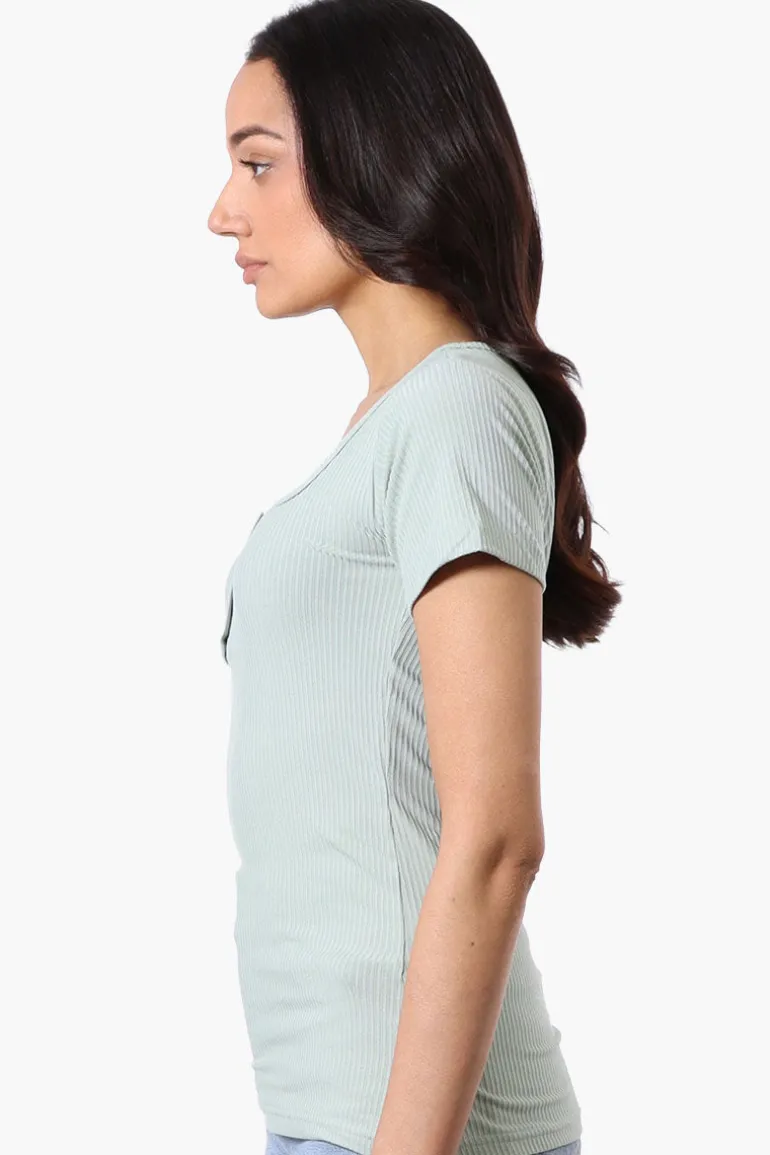Costa Blanca Ribbed Square Neck Henley Tee - Mint
