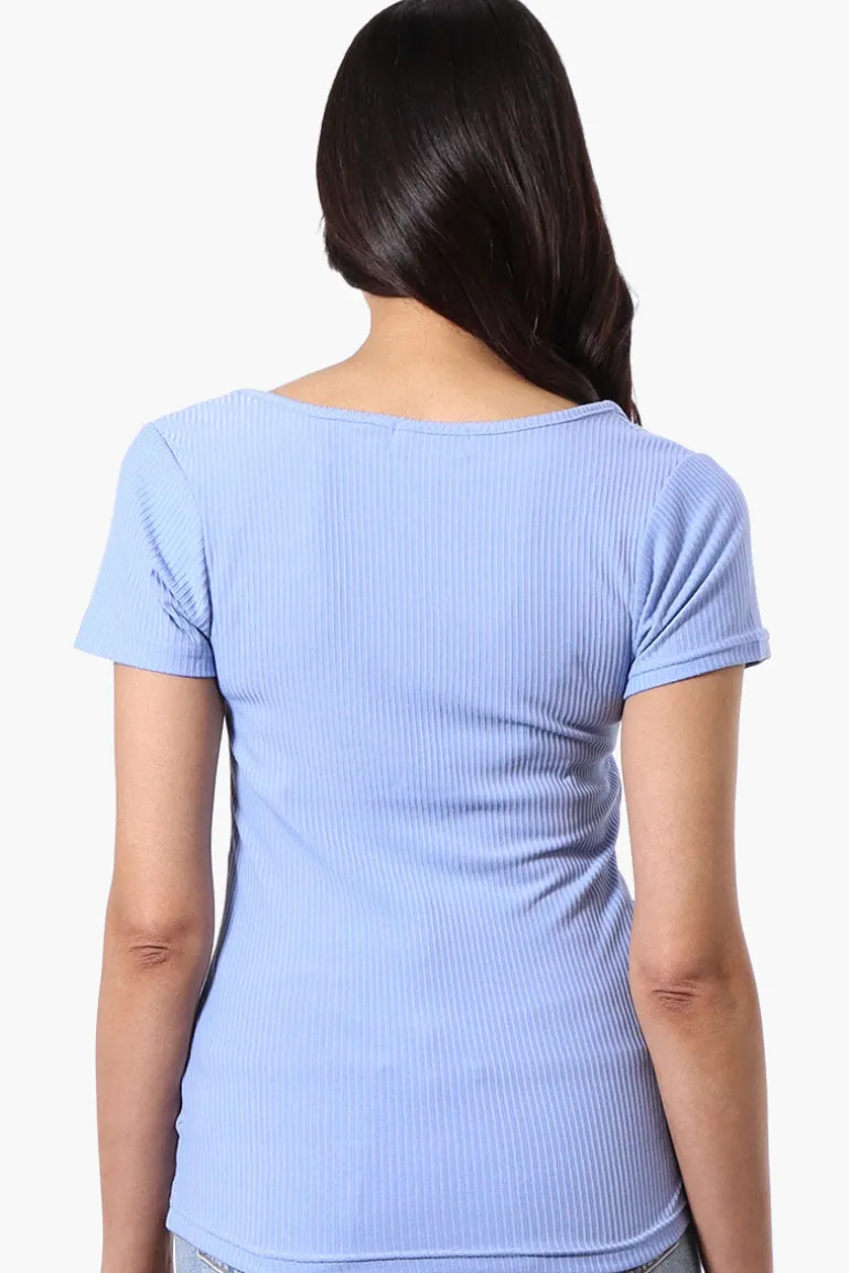 Costa Blanca Ribbed Square Neck Henley Tee - Blue