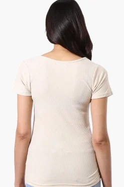 Costa Blanca Ribbed Square Neck Henley Tee - Beige
