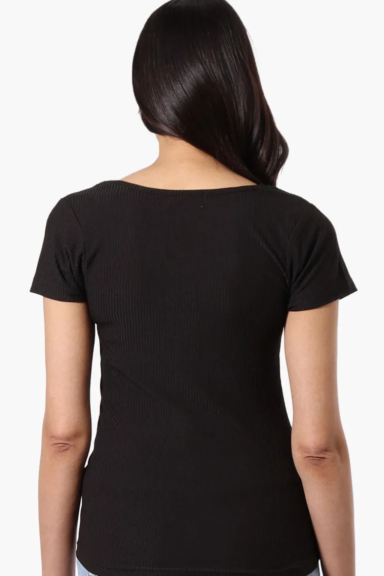 Costa Blanca Ribbed Square Neck Henley Tee - Black