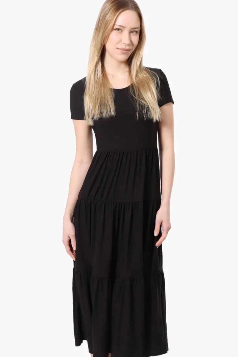Costa Blanca Short Sleeve Tiered Maxi Dress - Black