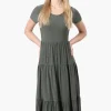 Costa Blanca Short Sleeve Tiered Maxi Dress - Olive